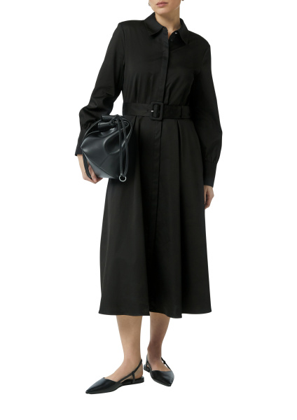 Черное платье миди из поплина с поясом и прорезными карманами Comma