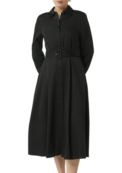 Черное платье миди из поплина с поясом и прорезными карманами Comma